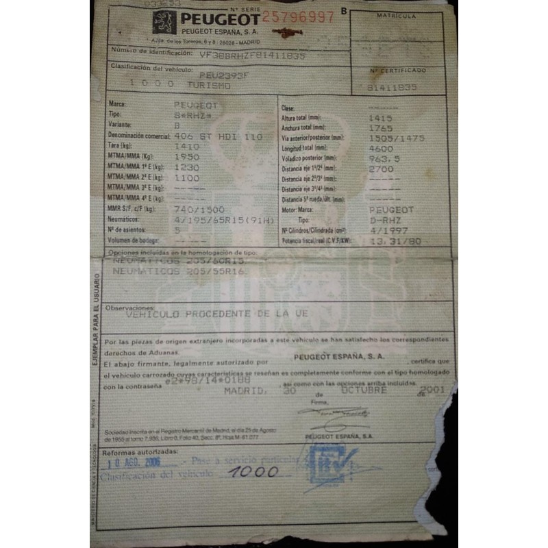 peugeot 406 berlina (s1/s2) del año 2002