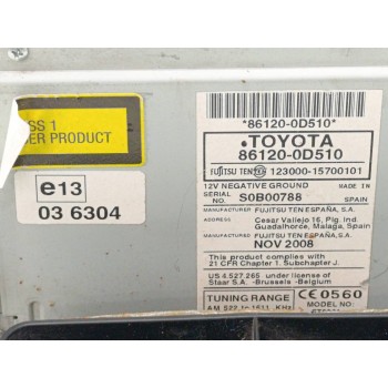 Recambio de sistema audio / radio cd para toyota yaris active referencia OEM IAM 861200D510  