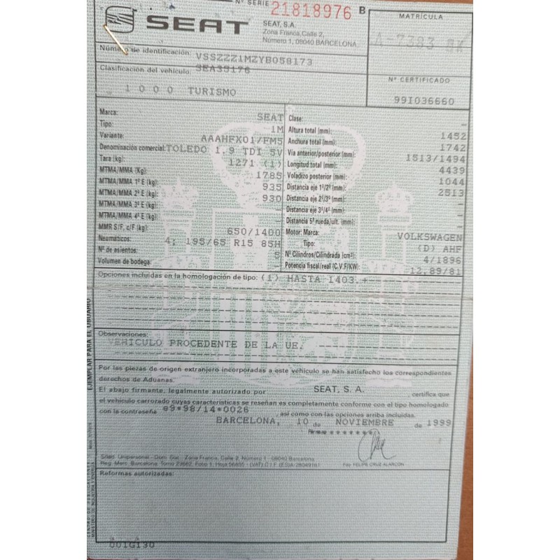 seat toledo (1m2) del año 1999